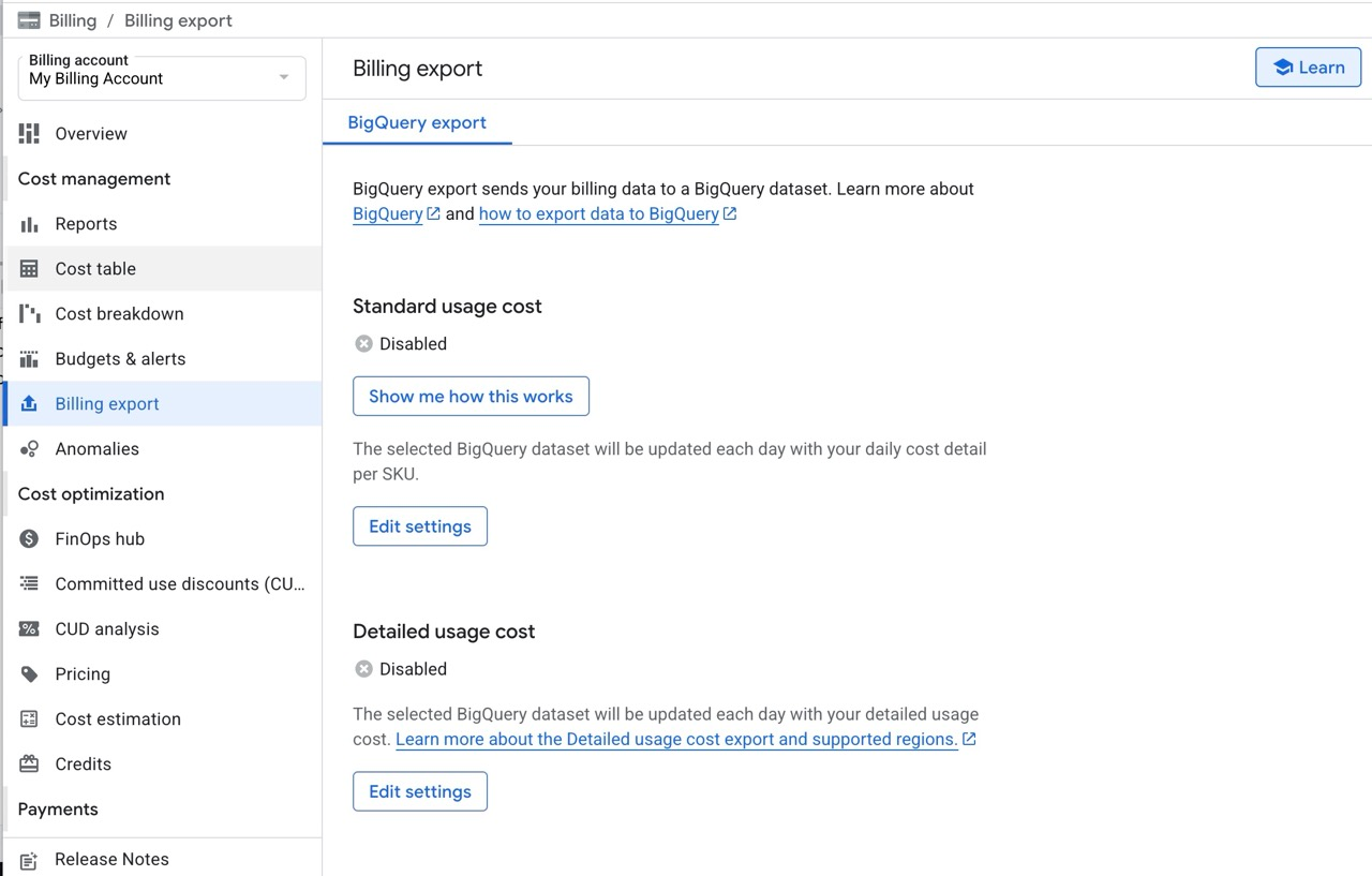 Enable billing export to BigQuery
