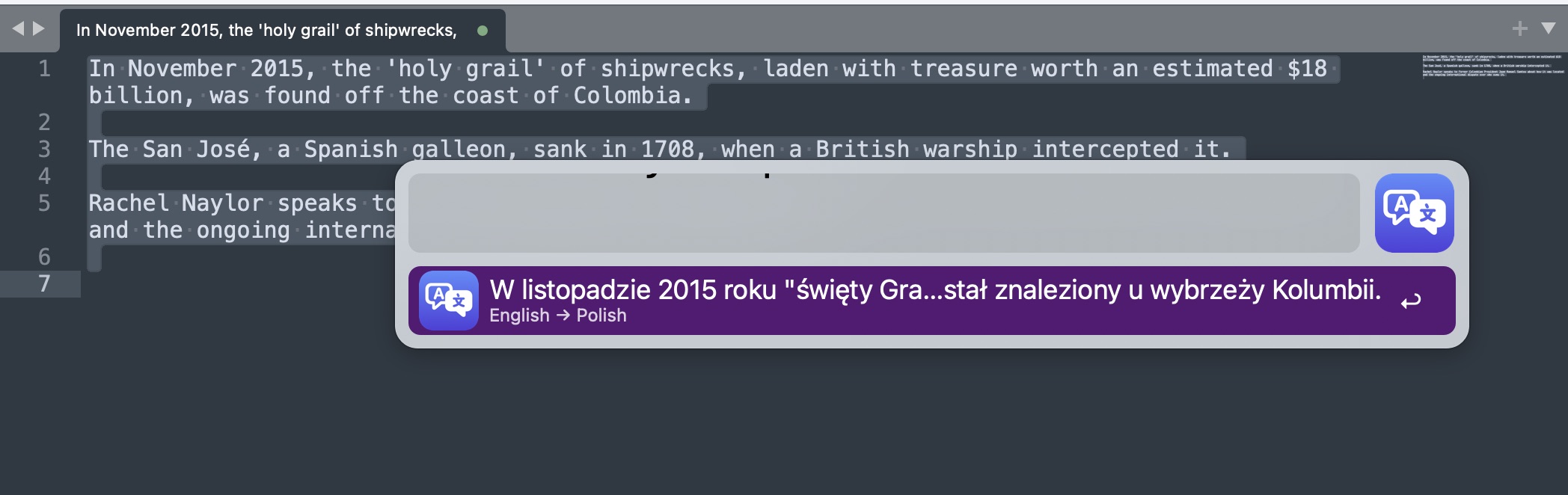 Translating a selection with the Universal Action