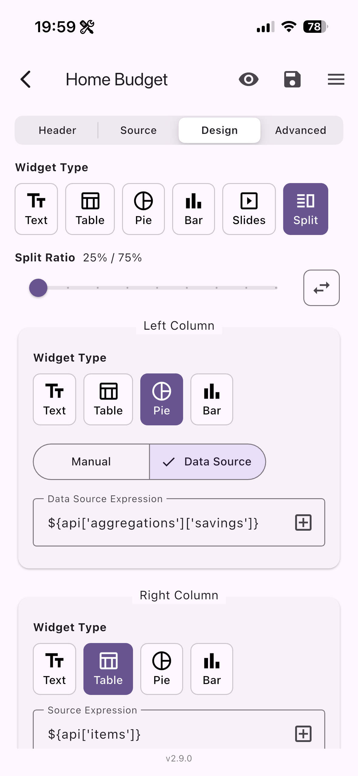 API Widgets Design tab with a Split widget