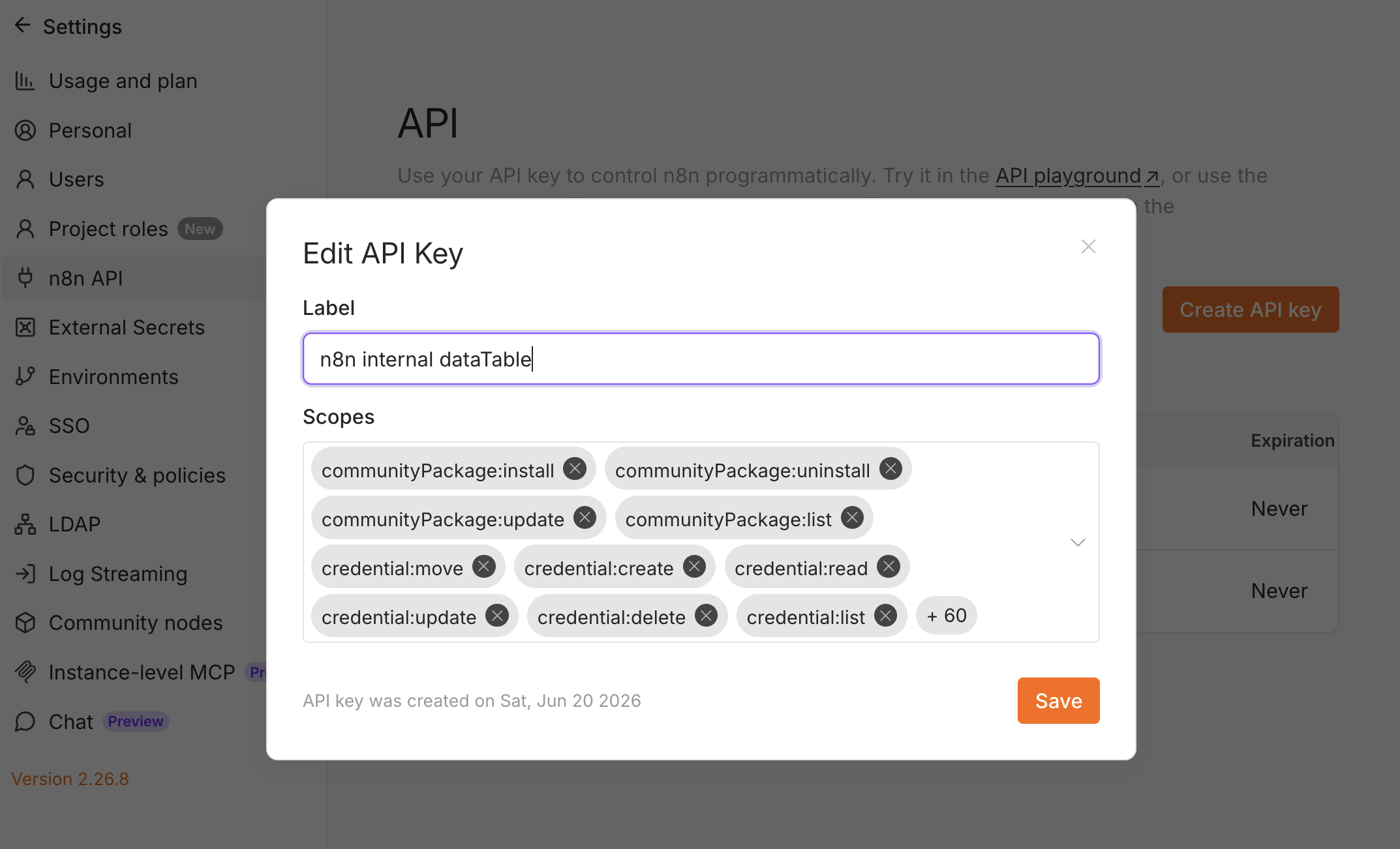 Creating an n8n API key with data-table scopes