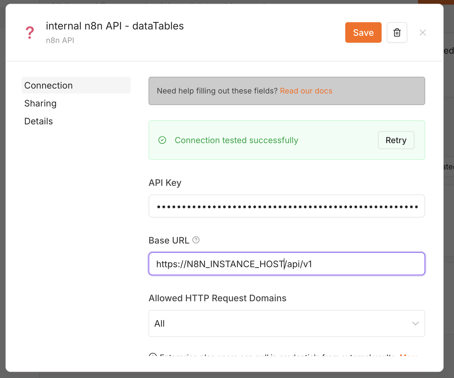 Configuring the n8n API credential, with Base URL ending in /api/v1