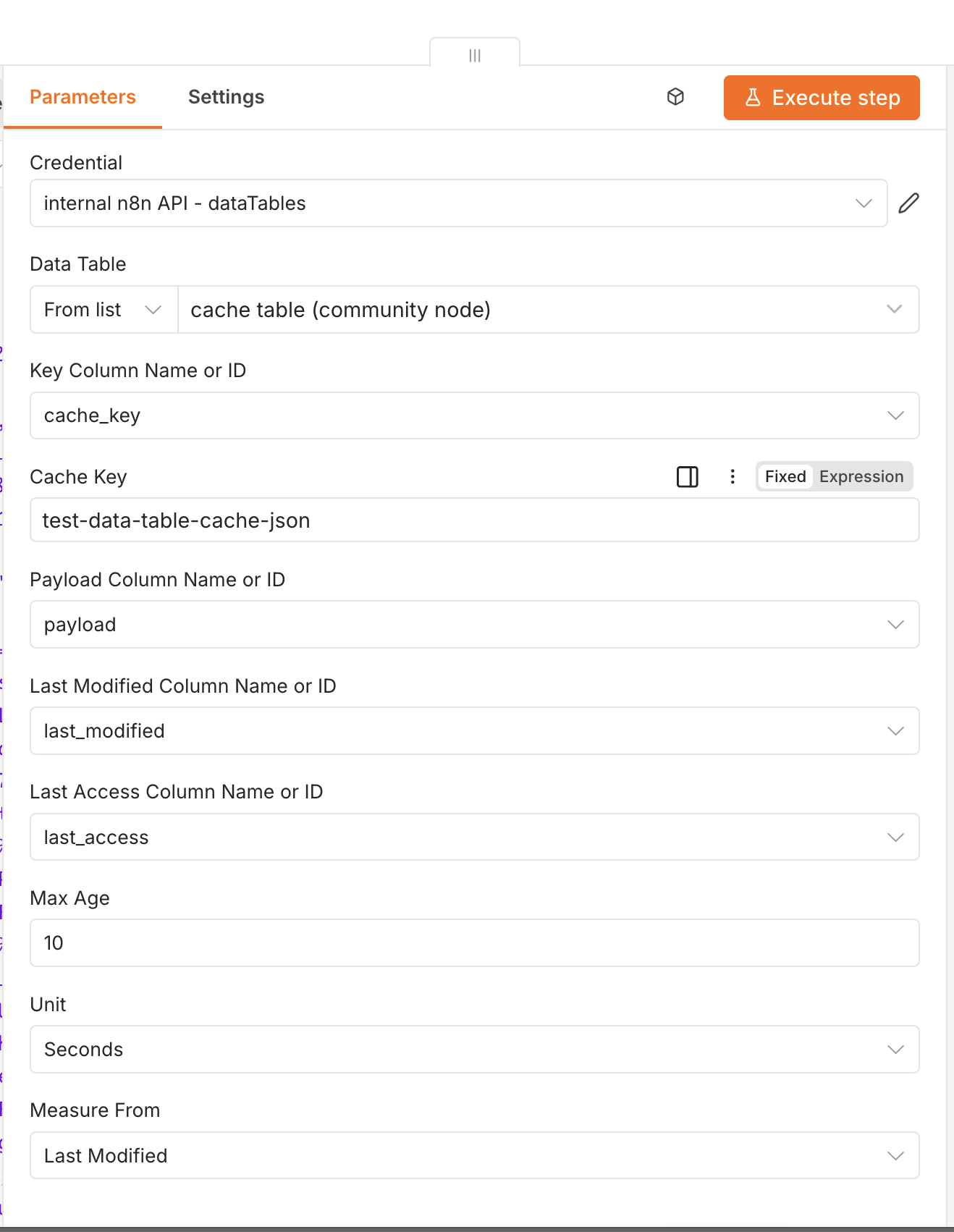 The Data Table Cache node parameters