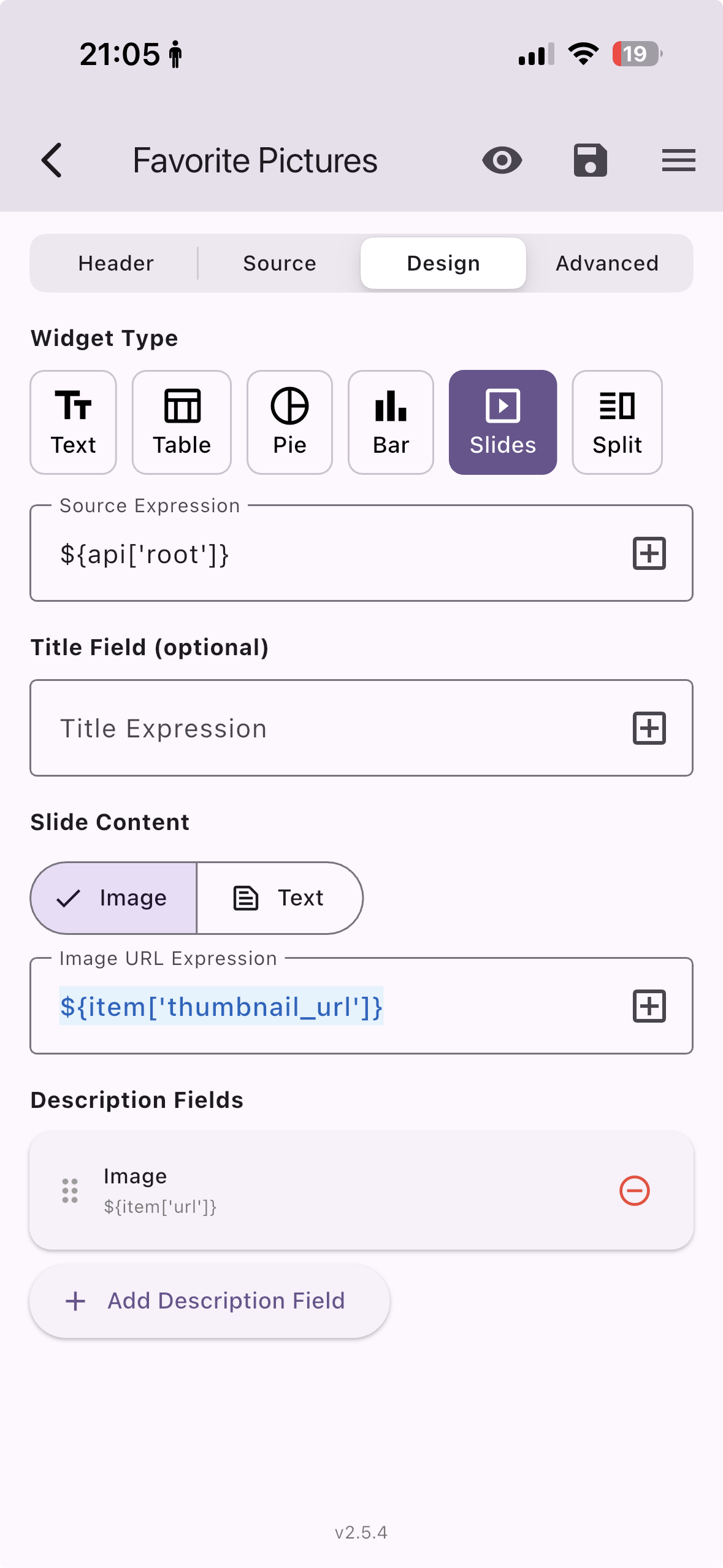 API Widgets configuration